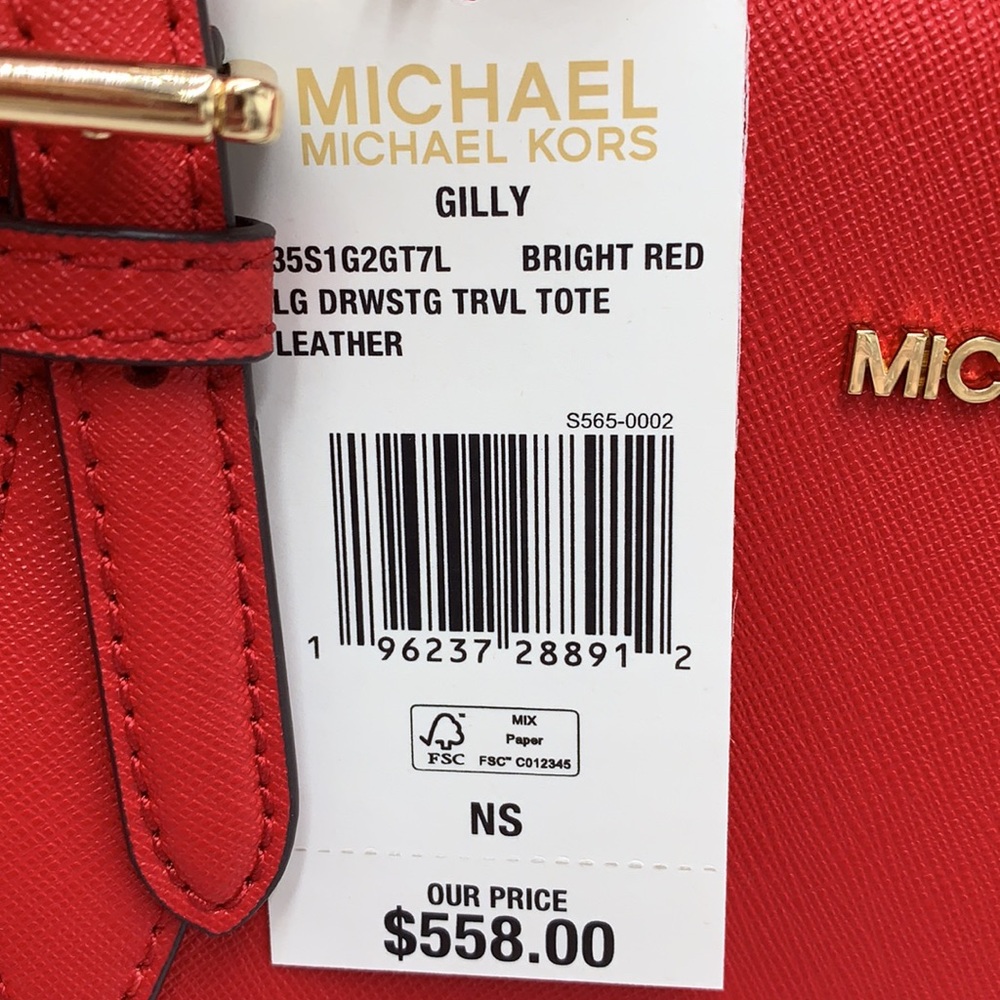 MICHAEL KORS GILLY LARGE DRAWSTRING TRAVEL TOTE BRIGHT RED COLOR - Picture 14 of 15